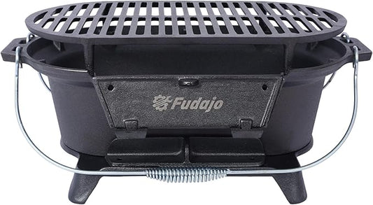 20" Oval Cast Iron Hibachi Grill, Portable Charcoal Grill With Vent Removable Grate with Handle, Yakitori Grills for Outdoor Camping Cooking, Enameled (Oval)