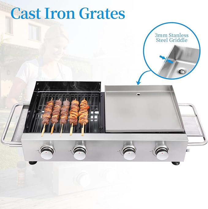 Portable 4-Burner Gas Grill Griddle Combo, Propane BBQ Grill with Cast Iron Grates & Stainless Steel Griddle, Side Shelf & Utility Tray, Grease Management Tray for Outdoor Camping and Patio Cooking