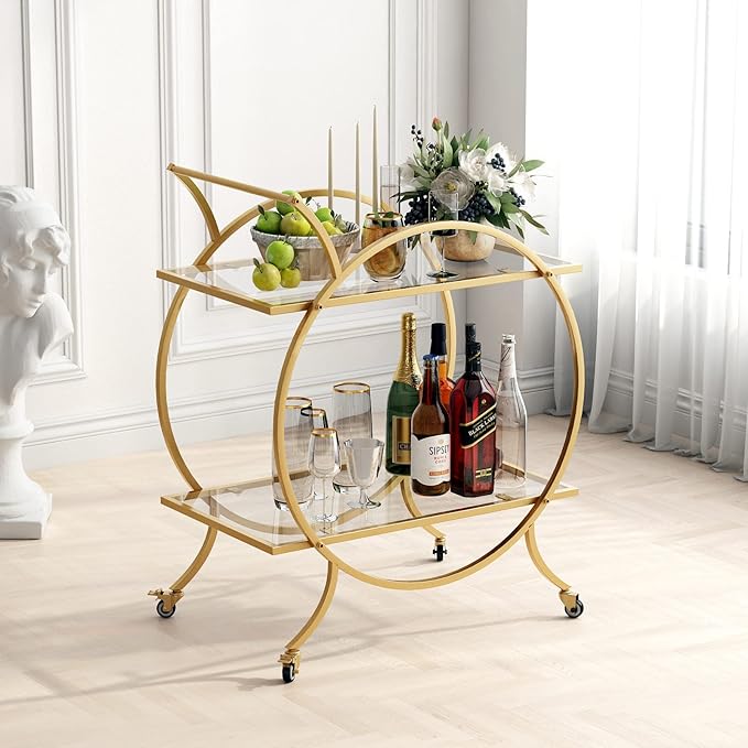 Gold Bar Carts for The Home Bar Serving Cart, Rolling Bar Cart Gold with Lockable Caster Wheels, Glass Bar Carts with 2 Mirrored Shelves, Storage Round Wine Carts for Kitchen, Party
