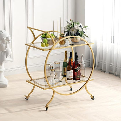 Gold Bar Carts for The Home Bar Serving Cart, Rolling Bar Cart Gold with Lockable Caster Wheels, Glass Bar Carts with 2 Mirrored Shelves, Storage Round Wine Carts for Kitchen, Party