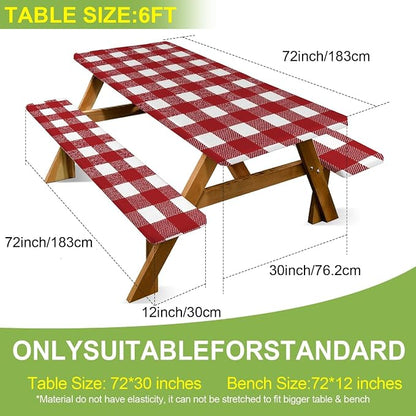 FOREVER QUEEN Picnic Table Cover with Bench Covers 72in,Waterproof Windproof Fitted Tablecloth,Red White Buffalo Plaid Camping Essentials with Drawstring Bag for Patio,Park & Backyard