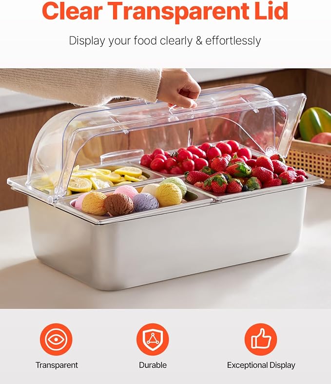 VEVOR Countertop Food Serving Display Container, 4 Pan Stainless Steel Food Serving Tray, Buffet Condiment Dispenser Display Rack with Clear Lid & 3 Freezer Boxes, for Restaurant Hotel Kitchen Party
