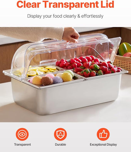 VEVOR Countertop Food Serving Display Container, 4 Pan Stainless Steel Food Serving Tray, Buffet Condiment Dispenser Display Rack with Clear Lid & 3 Freezer Boxes, for Restaurant Hotel Kitchen Party