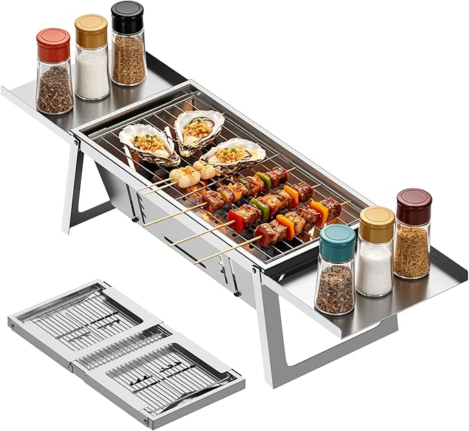 Foldable Stainless Steel Charcoal Grill, Ultra-Portable Mini BBQ Grill with Adjustable Heat, Tabletop Barbecue Grill for Camping, Picnic, Backyard, Terrace & Travel