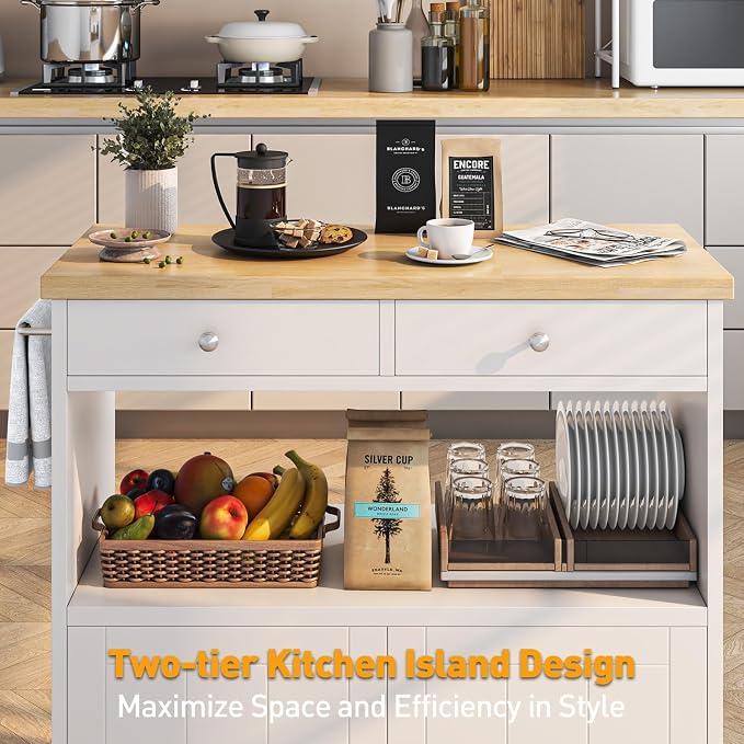 knoworld Rolling Kitchen Island with Storage Cabinet, 35.4'' Width Kitchen Cart, 2 Drawers Island Table, Portable Mobile Kitchen Island with Towel Rack, Wood Top and Lockable Wheels, White