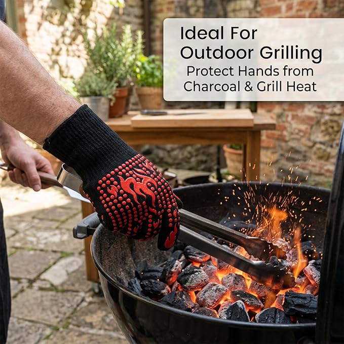 Extra Long BBQ Gloves, 1472°F Extreme Heat Resistant Silicone Grilling Gloves, Non-Slip 5-Finger Oven Mitts for Smoking, Cooking, Baking, Campfire