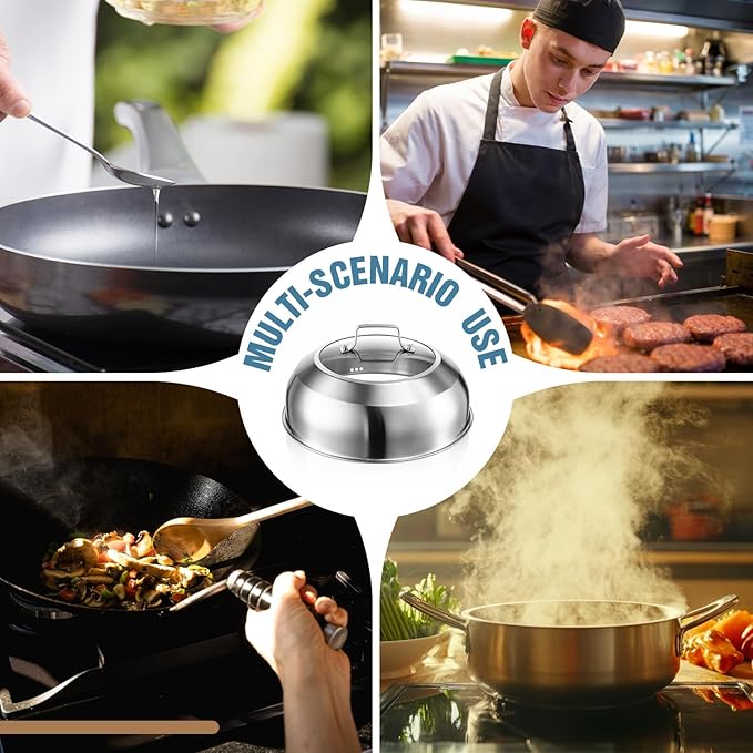 Zhehao 2 Pcs 12.6 Inch Wok Lid Pan Cover for 13 Inch Wok Stainless Steel Cheese Melting Dome with Tempered Glass Insert Steam Hole Handle Dishwasher-Safe Pot Lid for Griddle Flat Top Grills