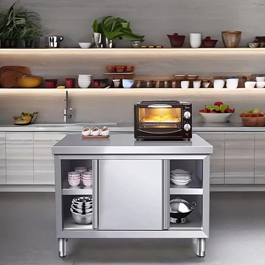 Stainless Steel Commercial Worktable w/Sliding Doors for Prep & Work, 39" x 20" Commercial Kitchen Prep Table, Heavy Duty Workbench w/Cabinet for Home, Restaurant, Hotel and Garage