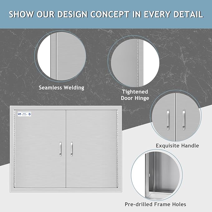 Hally Outdoor Kitchen Doors 31" W x 24" H of 304 Stainless Steel BBQ Double Access Door with 2 Detachable Handles and 6 Hooks, for BBQ Island, Grilling Station, Outdoor Cabinet