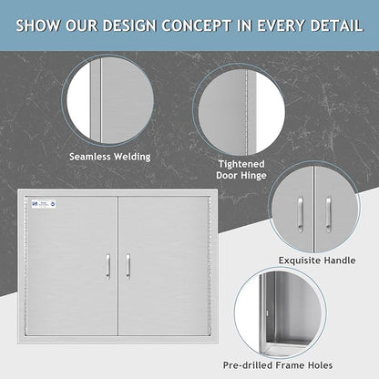 Hally Outdoor Kitchen Doors 31" W x 24" H of 304 Stainless Steel BBQ Double Access Door with 2 Detachable Handles and 6 Hooks, for BBQ Island, Grilling Station, Outdoor Cabinet
