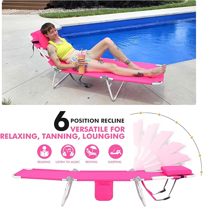3 in 1 Women Comfort Backpack Beach Tanning Lounge Chair with Cushion Face Hole Softer Padded Adjustable Washable, Layout Sun Chair for Adults Outside Reading Sunbathing Poolside, 6 Position, Pink
