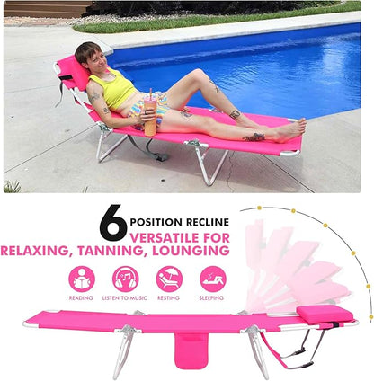 3 in 1 Women Comfort Backpack Beach Tanning Lounge Chair with Cushion Face Hole Softer Adjustable Washable, Layout Sun Chair for Adults Outside Reading Sunbathing Poolside, 6 Position, 2 Pack, Pink