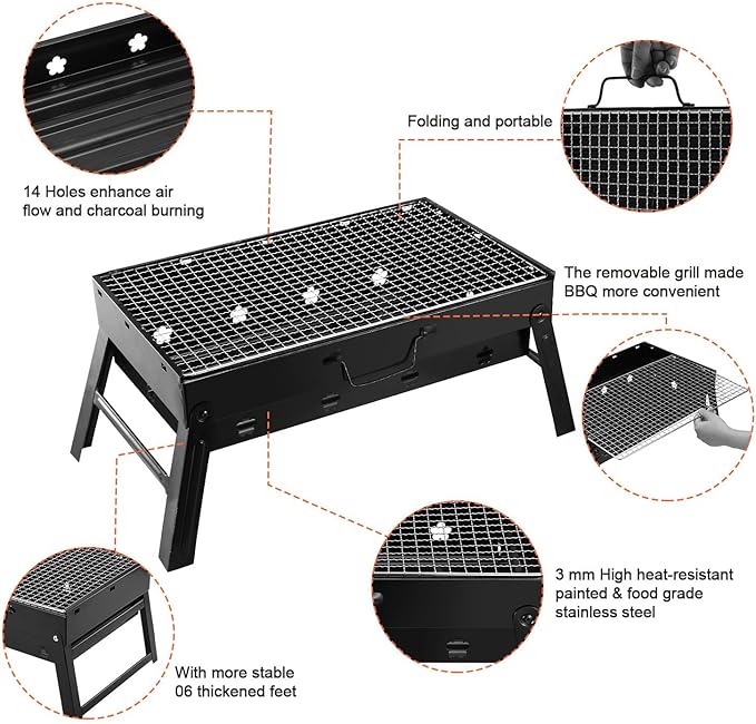 Portable Charcoal Grill, 17" Folding Compact BBQ Grill with Smoker Function, Lightweight Outdoor Grill for Camping, Backyard, Picnic, Beach & Travel