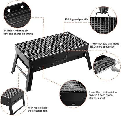 Portable Charcoal Grill, 17" Folding Compact BBQ Grill with Smoker Function, Lightweight Outdoor Grill for Camping, Backyard, Picnic, Beach & Travel