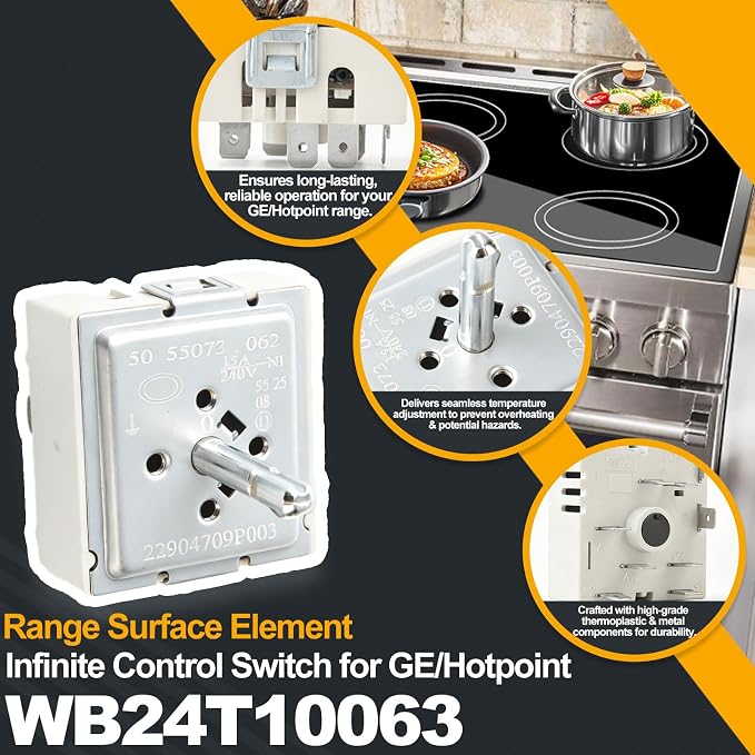 WB24T10063 Dual Burner Infinite Switch for GE Electric Range Stove Surface Element Control Replacement Part Replaces AP3189829 PS236785 WB24T10015