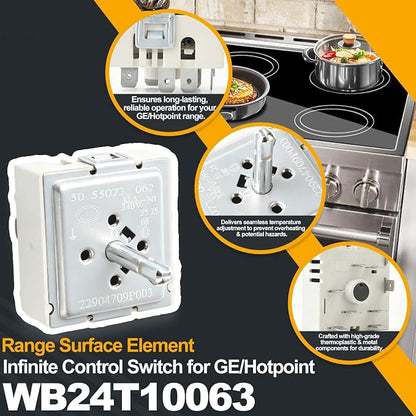 WB24T10063 Dual Burner Infinite Switch for GE Electric Range Stove Surface Element Control Replacement Part Replaces AP3189829 PS236785 WB24T10015