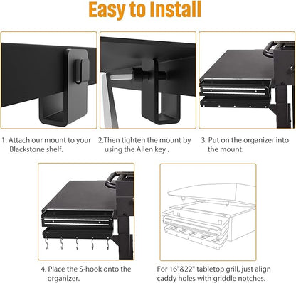 Stainless Steel Griddle Caddy with Magnetic BBQ Utensils Strip for 28"/36" Blackstone Griddles, with a Allen Key, Space Saving BBQ Accessories Storage Box, Free from Drill Hole&Easy to Install