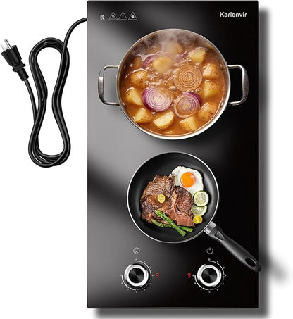 2 Burner Electric Cooktop 110V Karienvir, Plug in Electric Stove Top Burner 2000W, Cooktop Knob Controls, 12 Inch Countertop & Built-In Portable Kitchen Cooktop, 9 Power Levels, Residual Heat Warnings