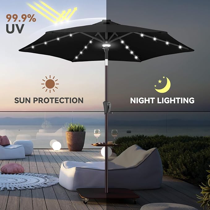 Solar Patio Umbrella with Centre Light, 7.5 ft Black | 24 LED Lights, UV Protection, Small Solar Outdoor Umbrella for Porch, Deck, Pool, Table, Garden, Provides Evening Lighting