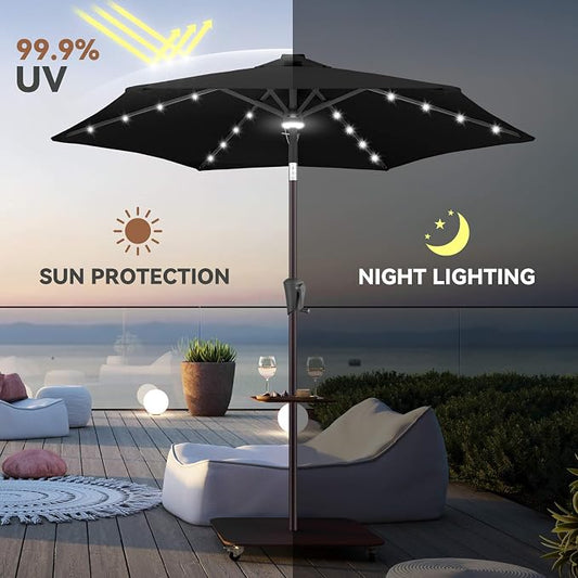 Solar Patio Umbrella with Centre Light, 7.5 ft Black | 24 LED Lights, UV Protection, Small Solar Outdoor Umbrella for Porch, Deck, Pool, Table, Garden, Provides Evening Lighting