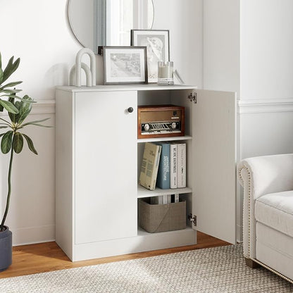 Giantex 2 Door Storage Base Cabinet (White) | 3-Tier Base Cabinet with Non-Slip Foot Pads, Kitchen Cupboard Storage Organizer for Living Room, Hallway, Entryway, Office