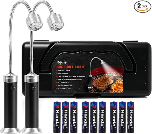 2 Pack LED BBQ Grill Light with Strong Magnetic Base and 360° Flexible Gooseneck, Grilling Accessories Gifts for Father's Day Men&Dad, Fits Most Grills, 9 Batteries Included