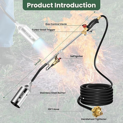 ARTFLAMM Portable Propane Torch Weed Burner Kit with Storage Bag, High Output BTUs Torch Gun with 10 FT Hose, Self Igniter Weed Flame Torch for Campfires,Roofing,Melting Snow Ice