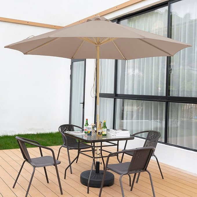 9FT/10FT Wood Patio Umbrella, Large Outdoor Table Pool Umbrella | 205G Olefin/180G Polyester Fabric, Push-Pull Operation Market Umbrella, 8 Rib Vented Canopy, Ideal for Patio, Backyard
