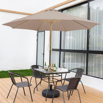 9FT/10FT Wood Patio Umbrella, Large Outdoor Table Pool Umbrella | 205G Olefin/180G Polyester Fabric, Push-Pull Operation Market Umbrella, 8 Rib Vented Canopy, Ideal for Patio, Backyard