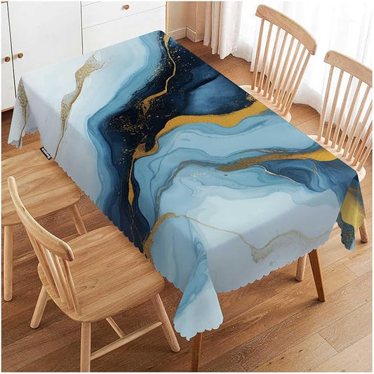 Swono Blue Gold Marble 52"X70" Oblong Table Cloth Natural Swirl Fluid Marble Wrinkle Free Table Cover Farmhouse Tablecloth for Home Restaurant Picnic Indoor Outdoor Dining