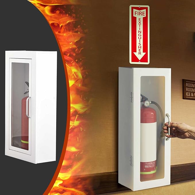 Zonon 10 lb Fire Extinguisher Cabinet with Reflective Sign, Wall & Surface Mount Fire Extinguisher Box Case Steel 24-3/4" H x 10-1/4" W x 6-3/4" D, with Handle, for 2.5/5/10 lb Dry Chemical(White)