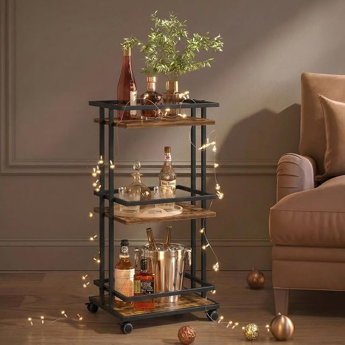 3-Tier Bar Cart with Wheels & Storage Shelves for Home Kitchen | Beverage Serving Cart, Doubles as Coffee Bar Cabinet, Sturdy 3-Tier Frame, Smooth Rolling Wheels, Ideal for Home