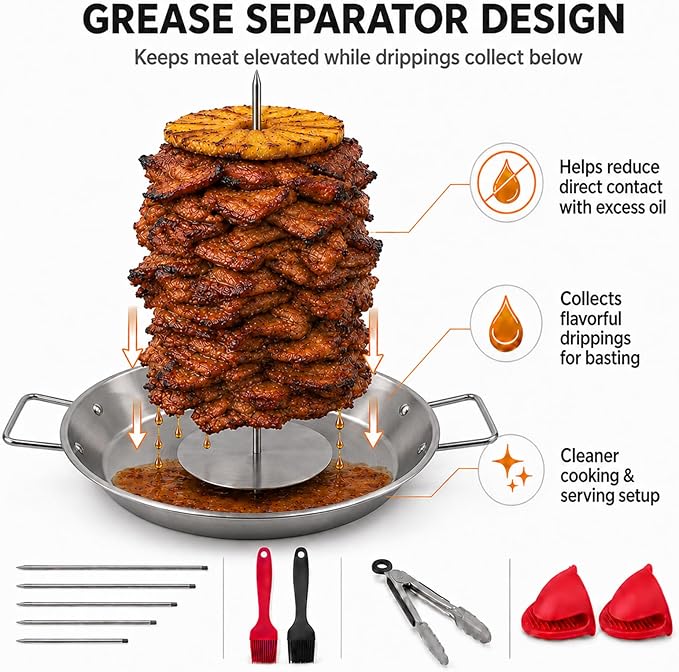 Al Pastor Skewer for Grill, 10 Inch Stainless Steel Vertical Skewer Pan with 5 Spikes, Grease Separator Tray, Tongs, Gloves & Basting Brushes, Shawarma Gyro Kebab Stand for Oven Smoker BBQ