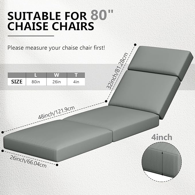 Chaise Lounge Cushions Outdoor, 80 x 26 x 4 Inch Lounge Chair Cushions for Outdoor Furniture - Waterproof Lounge Patio Replacement Cushion, 4In Fade-Resistant ThickPatio Chaise Lounge Cushion