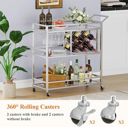 Bar Cart Silver, Bar Carts for The Home, Home Bar Serving Carts for Liquor, Rolling Wine Cart with 3 Tier Mirrored Shelves on Wheels for Alcohol and Beverage (Silver)