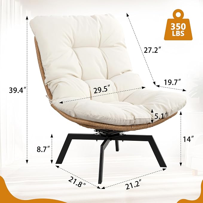Shintenchi Outdoor Rattan Swivel Chair,Nature Wicker Patio Rotating Chair with Beige Thickened Cushion and Side Pocket,360° Rotation Patio Lounge Chairs for Living Room Bedroom Backyard Balcony