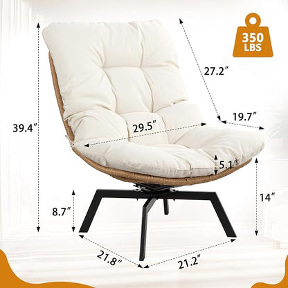 Shintenchi Outdoor Rattan Swivel Chair,Nature Wicker Patio Rotating Chair with Beige Thickened Cushion and Side Pocket,360° Rotation Patio Lounge Chairs for Living Room Bedroom Backyard Balcony