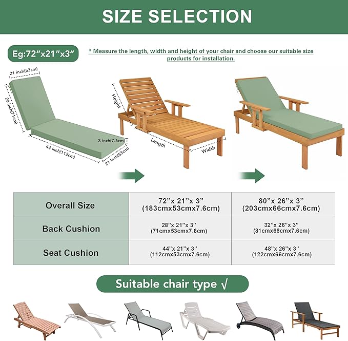 Summsun Chaise Lounge Cushions Outdoor Set of 4 - Waterproof and Fade Resistant Sun Lounger Replacement Cushions - Patio Lounger Pads with Removable Cover for Pool, Deck, 72 x 21 x 3 Inch, Sage Green
