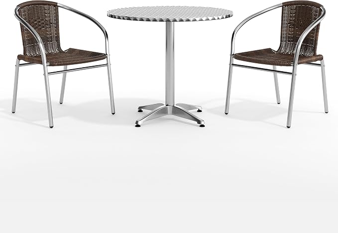 Flash Furniture Lila 31.5'' Round Aluminum Indoor-Outdoor Table Set with 2 Dark Brown Rattan Chairs | Aluminum Tabletop, Indoor/Outdoor