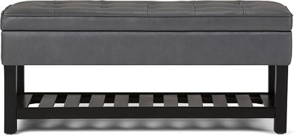 SIMPLIHOME Cosmopolitan Storage Ottoman Bench - 44 inch Wide Upholstered Vegan Leather Rectangle Storage Ottoman in Stone Grey, Transitional Bench for Bedroom with Tufted Lift-Top and Open Shelf