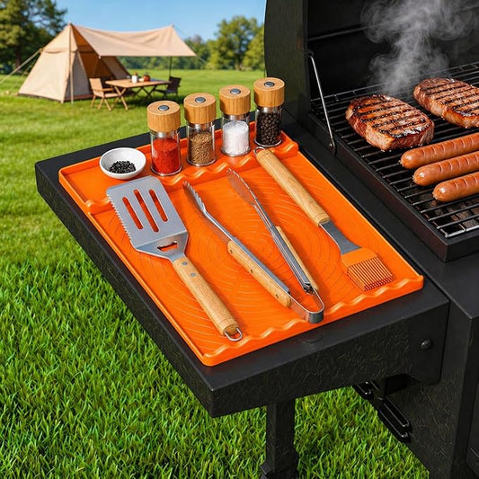 Silicone Grill Mat Compatible with Blackstone,Heat Resistant,16 x 11.5 Inches,Three-Zone Design with Storage Compartment, Dishwasher Safe (Orange)