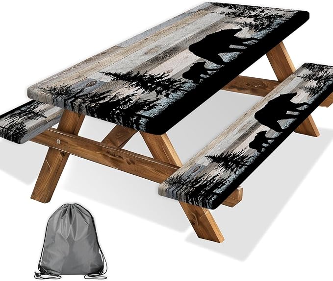 Picnic Table Cover with Bench Covers, Camping Essentials, Forest Bear Waterproof Windproof Patio Table Cover, Fitted Tablecloth Cover with Elastic Edge, for Indoor & Outdoor 3 PCS 30x72 Inch