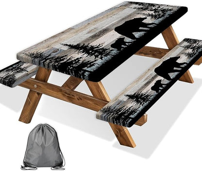 Picnic Table Cover with Bench Covers, Camping Essentials, Forest Bear Waterproof Windproof Patio Table Cover, Fitted Tablecloth Cover with Elastic Edge, for Indoor & Outdoor 3 PCS 30x72 Inch