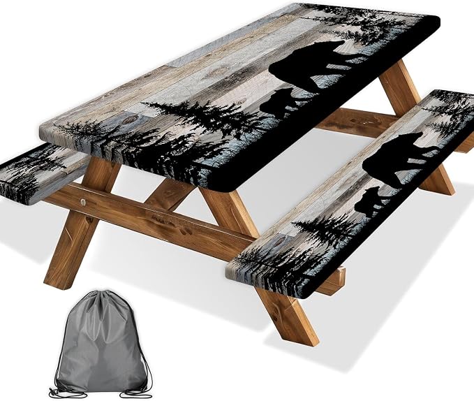 Picnic Table Cover with Bench Covers, Camping Essentials, Forest Bear Waterproof Windproof Patio Table Cover, Fitted Tablecloth Cover with Elastic Edge, for Indoor & Outdoor 3 PCS 30x96 Inch