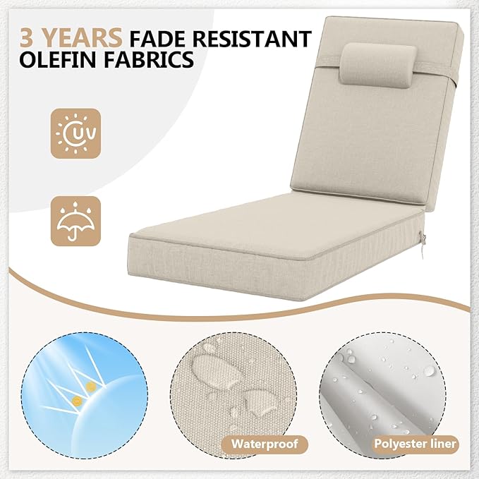 72 x 21 x 4 Inch Olefin Chaise Lounge Cushions, Lounge Chair Cushions with Headrest for Outdoor Furniture - Weather and Fade Resistant Patio Replacement Furniture Lounge Chair Cushion Set of 4