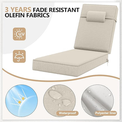 72 x 21 x 4 Inch Olefin Chaise Lounge Cushions, Lounge Chair Cushions with Headrest for Outdoor Furniture - Weather and Fade Resistant Patio Replacement Furniture Lounge Chair Cushion Set of 4