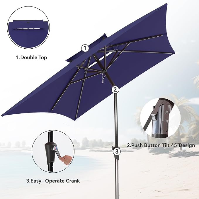 6.6 x 10 ft Rectangular Patio Umbrella, Outdoor Market Table Umbrella with Push Button Tilt and Crank, Double-Tier Vent, 6 Ribs, Rectangle Patio Umbrella for Backyard, Deck, Pool, Fits 4–6 Chairs and Tables (Navy)