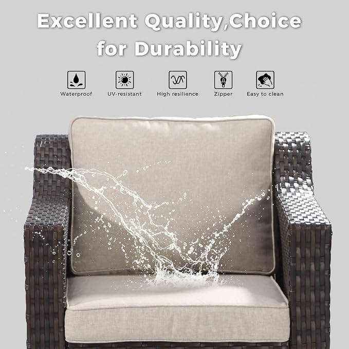 2 Piece Patio Furniture Set, Wicker Outdoor Conversation Set | Patio Chair Set with Olefin Removable Cushion, All-Weather Armchairs with Deep Seat for Porch, Deck and Backyard, Beige