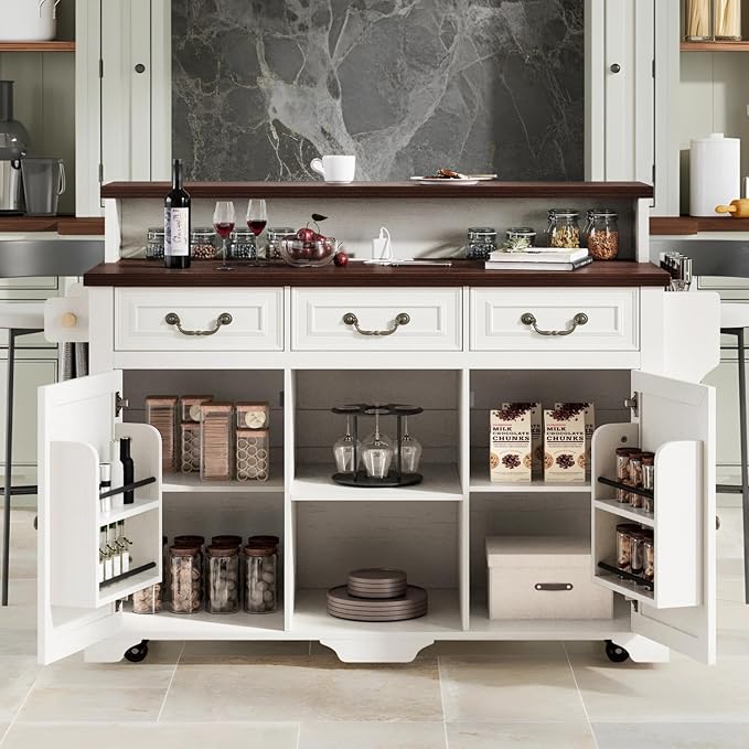 Merax 53.2" Two-Tier Kitchen Island with Storage, Farmhouse Kitchen Island with Power Outlet, 4 Door Shelves, Adjustable Shelves, 3 Drawers, Rolling Island Table, Bar Cabinet for Kitchen, Rustic White