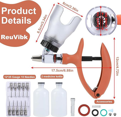 5ML Livestock Syringe, Automatic Self Refill Syringes Continuous Repeating Adjustable Bottle Attachment Livestock Animal Injection Gun with 10 Needles, for Chicken, Duck, Pig, Sheep, Cow Poultry